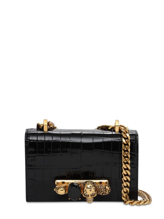 Alexander McQueen: Mini Jeweled croc embossed shoulder bag - Black - women_0 | Luisa Via Roma