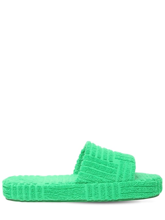 Bottega Veneta: Geometric terrycloth slide sandals - Yeşil - men_0 | Luisa Via Roma