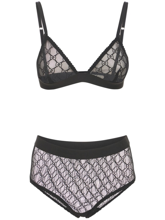 Gucci: GG embroidered tulle lingerie set - Siyah - women_0 | Luisa Via Roma