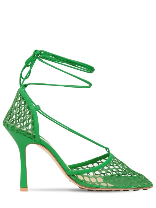 Bottega Veneta: 90毫米弹力网眼&皮革高跟鞋 - 草绿色 - women_0 | Luisa Via Roma