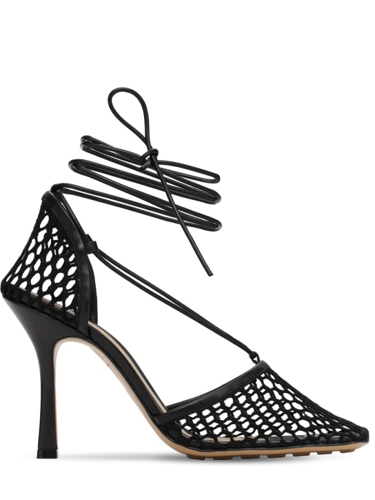 Bottega Veneta: 90毫米弹力网眼&皮革高跟鞋 - 黑色 - women_0 | Luisa Via Roma