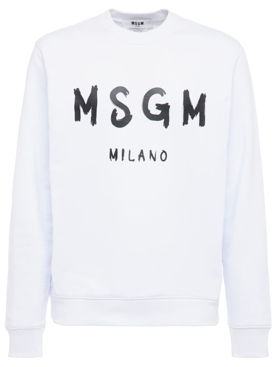 MSGM: Sweat-shirt en coton brossé imprimé logo - Blanc - men_0 | Luisa Via Roma