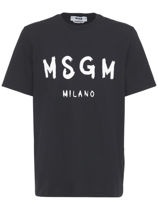 MSGM: 비닐 로고 프린트 코튼 저지 티셔츠 - 블랙/화이트 - men_0 | Luisa Via Roma