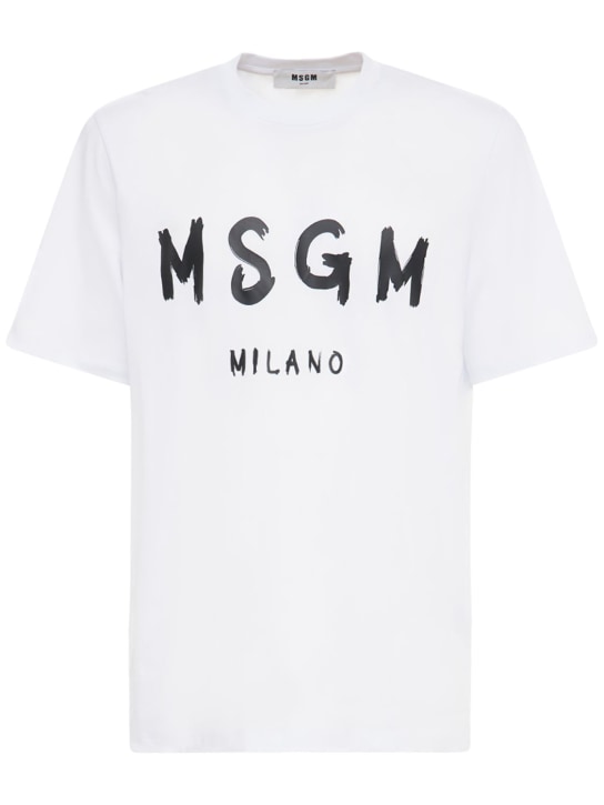 MSGM: T-shirt en jersey de coton imprimé logo - Blanc/Noir - men_0 | Luisa Via Roma