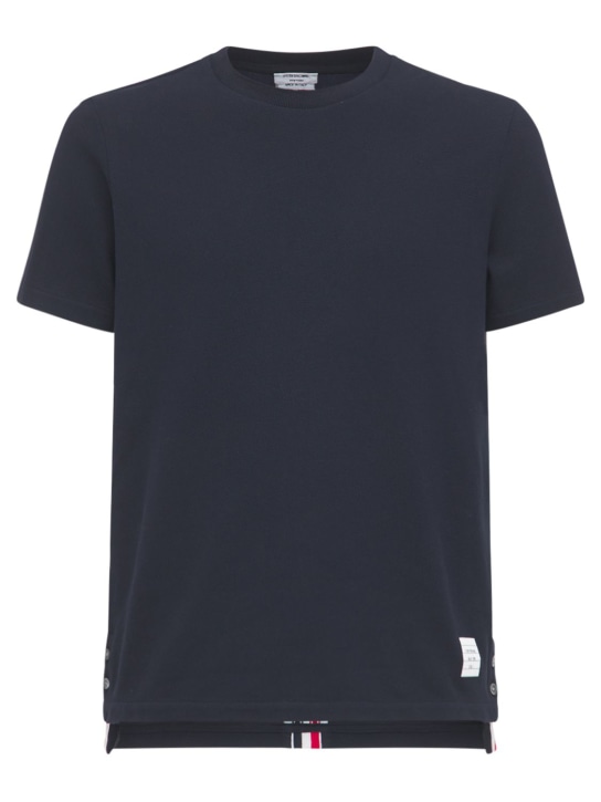 Thom Browne: T-shirt in jersey di cotone a intarsio - Navy - men_0 | Luisa Via Roma