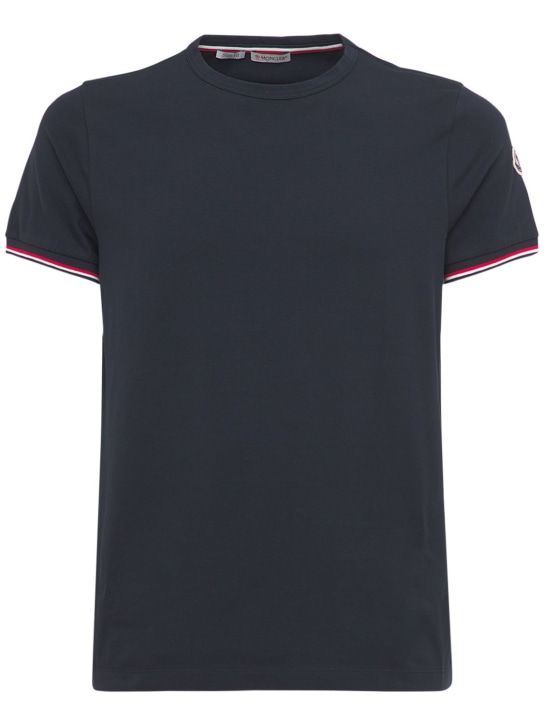Moncler: T-shirt en jersey de coton stretch - Bleu Marine - men_0 | Luisa Via Roma