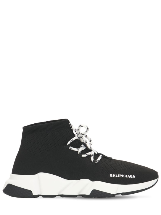 Balenciaga: Speed lace-up knit sneakers - Siyah/Beyaz - men_0 | Luisa Via Roma
