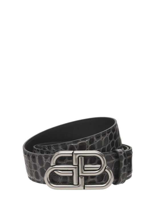Balenciaga: 2.8cm BB Logo croc embossed leather belt - Koyu Gri - men_0 | Luisa Via Roma