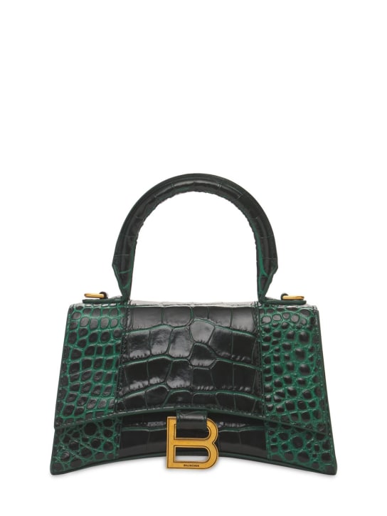 Balenciaga: XS Hourglass croc embossed leather bag - Forest Green - women_0 | Luisa Via Roma