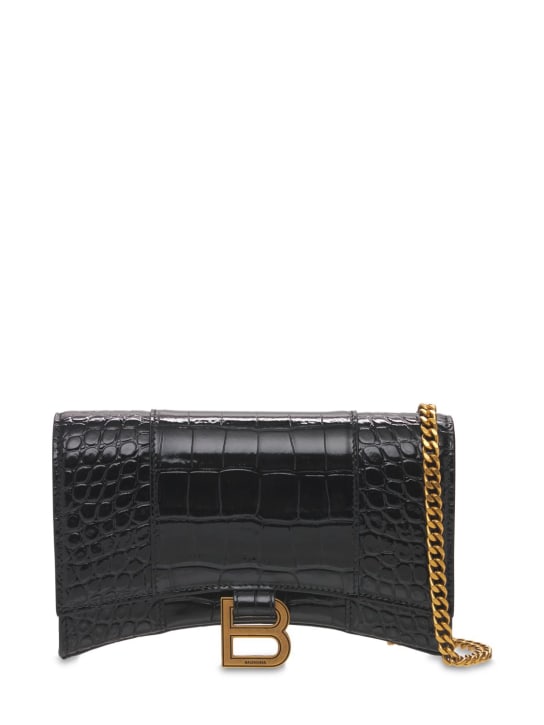 Balenciaga: Hourglass embossed leather chain wallet - Siyah - women_0 | Luisa Via Roma