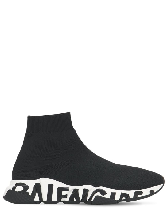 Balenciaga: Sneakers chaussettes en maille Speed Graffiti - Noir/Blanc - men_0 | Luisa Via Roma