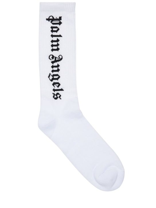 Palm Angels: Vertical logo cotton socks - Beyaz/Siyah - men_0 | Luisa Via Roma