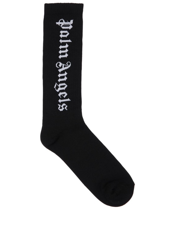 Palm Angels: Vertical logo cotton socks - Siyah/Beyaz - men_0 | Luisa Via Roma
