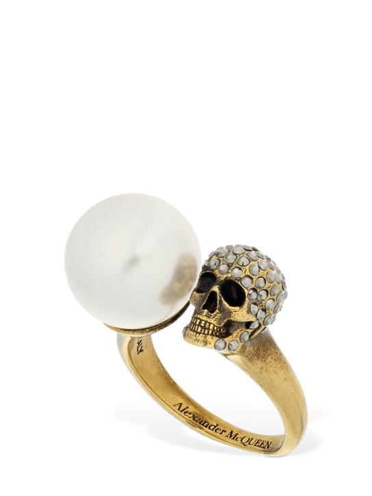 Alexander McQueen: Embellished skull & pearl ring - Gold/White - women_0 | Luisa Via Roma