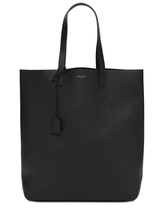 Saint Laurent: Logo leather shopping bag - Siyah - men_0 | Luisa Via Roma
