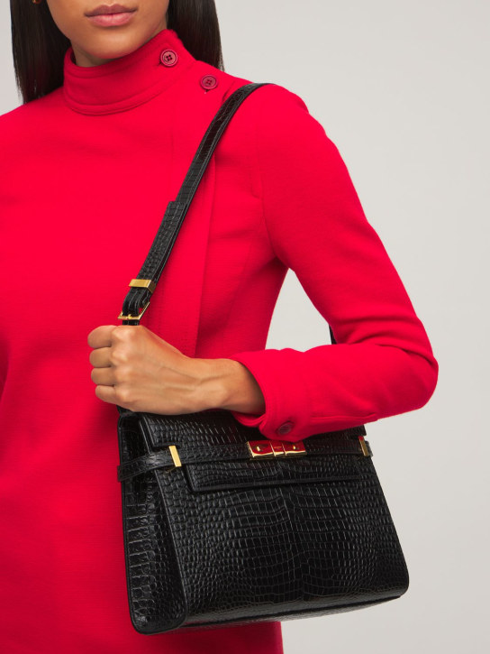 Saint Laurent: Manhattan embossed leather shoulder bag - Siyah - women_1 | Luisa Via Roma