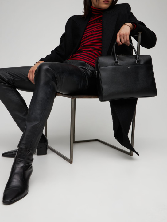 Saint Laurent: Grained leather briefcase - Siyah - men_1 | Luisa Via Roma