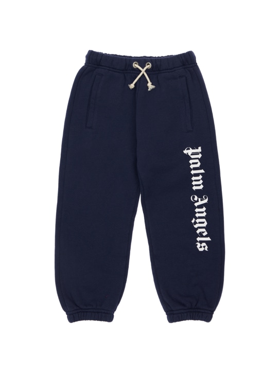 Palm Angels: Logo print cotton sweatpants - Navy - kids-boys_0 | Luisa Via Roma
