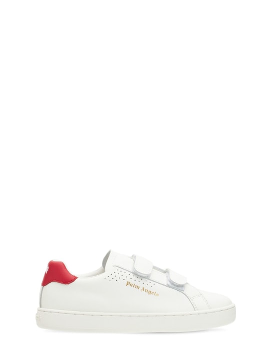 Palm Angels: Logo leather strap sneakers - White/Red - kids-boys_0 | Luisa Via Roma