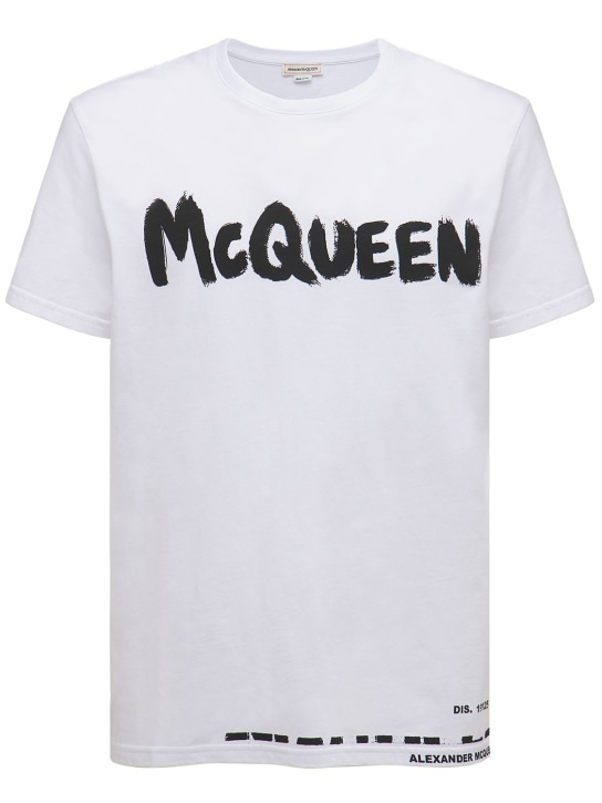 Alexander McQueen: Logo印花棉质平纹针织T恤 - 白色 - men_0 | Luisa Via Roma