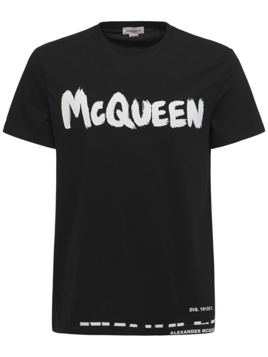 Alexander McQueen: Logo印花棉质平纹针织T恤 - 黑色 - men_0 | Luisa Via Roma