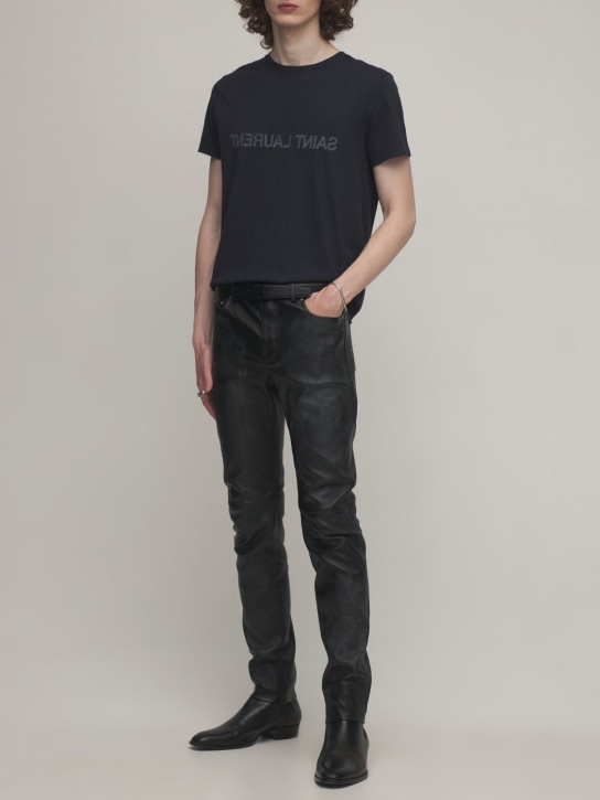 Saint Laurent: T-shirt in cotone con stampa - Blu - men_1 | Luisa Via Roma