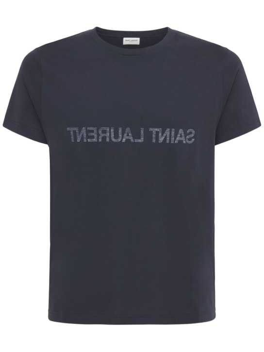 Saint Laurent: T-shirt in cotone con stampa - Blu - men_0 | Luisa Via Roma
