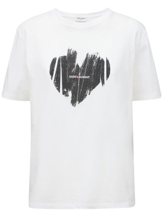 Saint Laurent: 心形印花棉质平纹针织T恤 - 白色/黑色 - women_0 | Luisa Via Roma