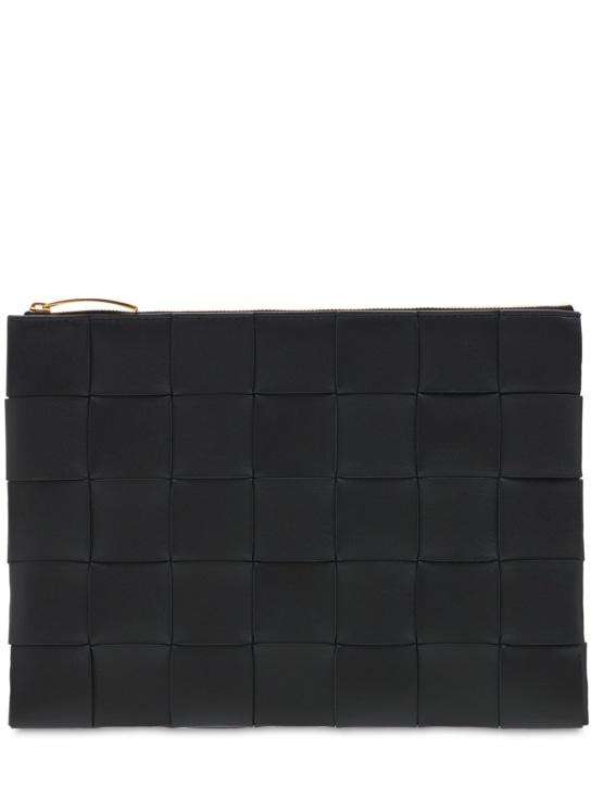 Bottega Veneta: Medium intrecciato leather pouch - Black-gold - women_0 | Luisa Via Roma