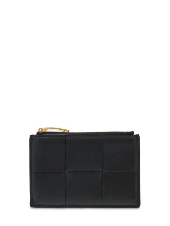 Bottega Veneta: Cassette leather zippered card case - Black-gold - women_0 | Luisa Via Roma