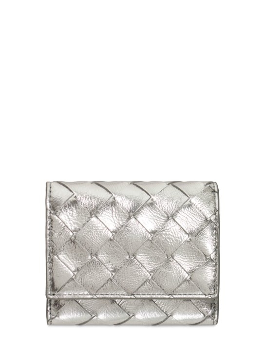 Bottega Veneta: Intrecciato leather compact wallet - Silver-sil - women_0 | Luisa Via Roma