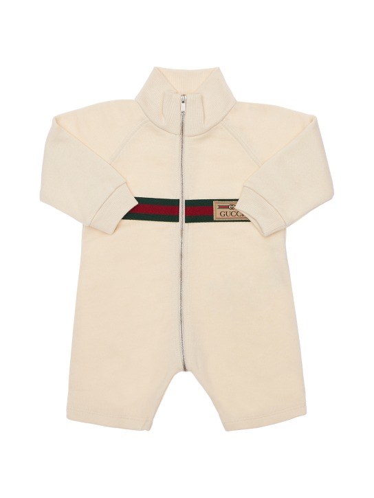 Gucci: 织带细节棉质连体衣 - 白色 - kids-boys_0 | Luisa Via Roma