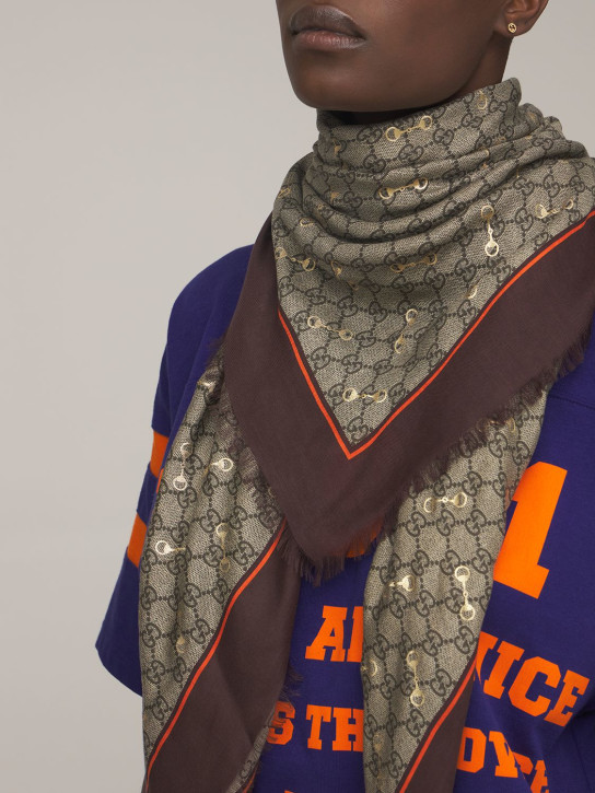 Gucci: GG print modal & silk shawl w/ horsebit - Mahogany - women_1 | Luisa Via Roma