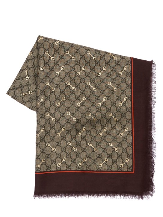 Gucci: GG print modal & silk shawl w/ horsebit - Mahogany - women_0 | Luisa Via Roma