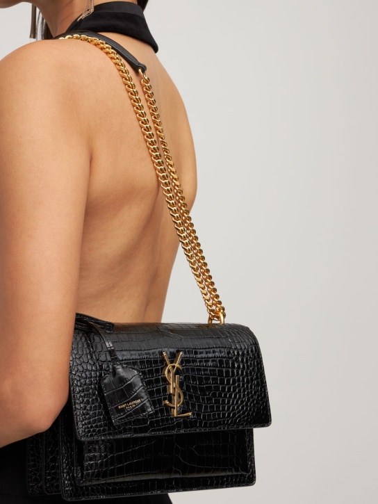 Saint Laurent: Medium Sunset croc embossed leather bag - Siyah - women_1 | Luisa Via Roma