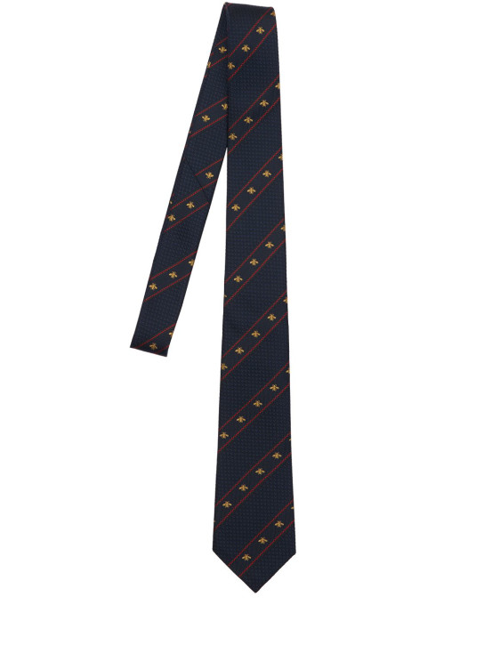 Gucci: Cravatta in seta con Web e ape 7cm - Blu Notte - men_0 | Luisa Via Roma