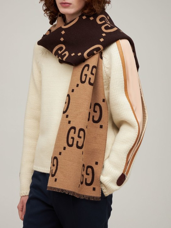 Gucci: GG wool & silk jacquard scarf - Kahverengi/Bej - men_1 | Luisa Via Roma