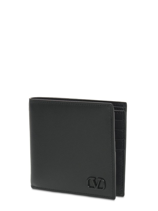 Valentino Garavani: Metal logo leather billfold wallet - Black - men_1 | Luisa Via Roma
