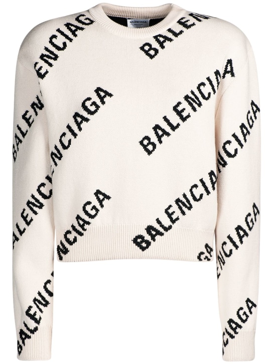 Balenciaga: Logo cotton blend knit crewneck sweater - White/Black - women_0 | Luisa Via Roma