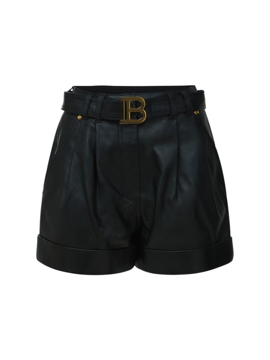 Balmain: High waist belted leather shorts - women_0 | Luisa Via Roma