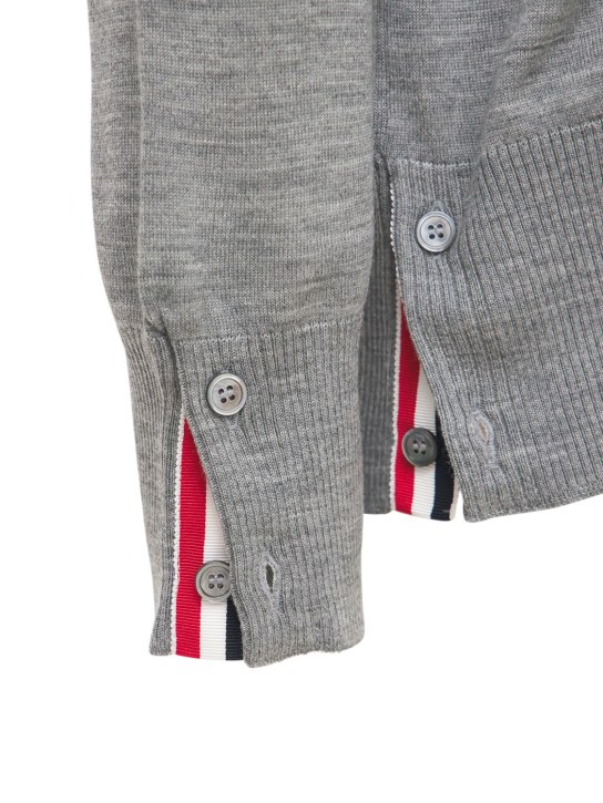 Thom Browne: 4-Bar Wool fine knit cardigan - Grey - men_1 | Luisa Via Roma