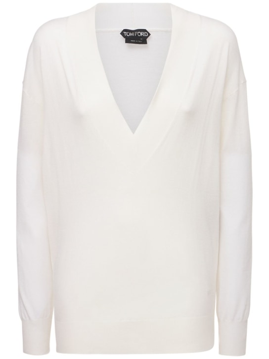 Tom Ford: Cashmere & silk knit v neck sweater - Ivory - women_0 | Luisa Via Roma