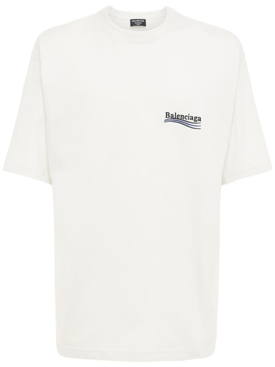 Balenciaga: Political logo cotton jersey t-shirt - Kirli Beyaz - men_0 | Luisa Via Roma