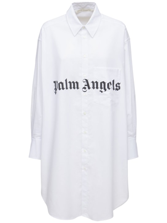 Palm Angels: Robe chemise en popeline de coton mélangé à logo - Blanc/Noir - women_0 | Luisa Via Roma