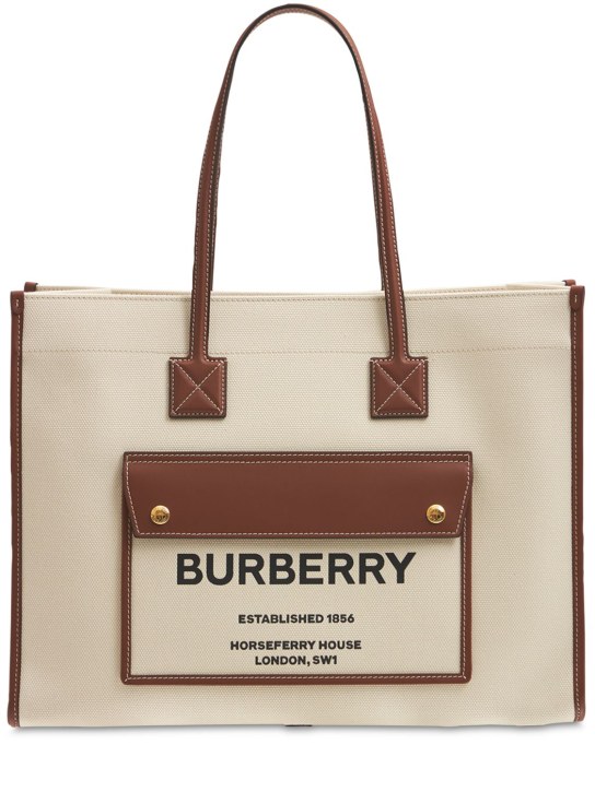 Burberry: Medium Freya leather & canvas tote bag - Natural/Tan - women_0 | Luisa Via Roma