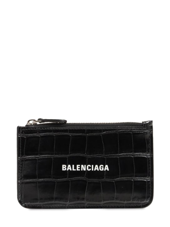Balenciaga: Croc embossed leather zip card holder - Siyah - women_0 | Luisa Via Roma