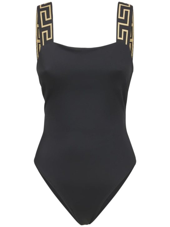 Versace: 希腊回纹肩带连体泳衣 - 黑色 - women_0 | Luisa Via Roma