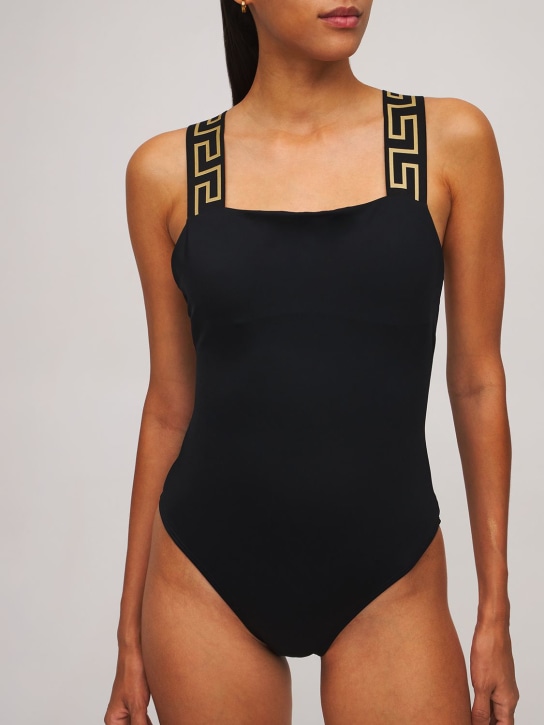 Versace: 希腊回纹肩带连体泳衣 - 黑色 - women_1 | Luisa Via Roma