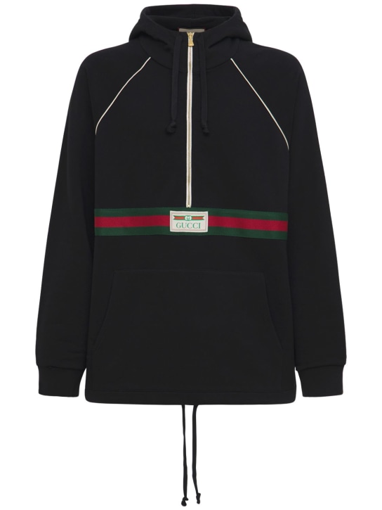 Gucci: Logo web half-zip cotton jersey hoodie - Siyah - men_0 | Luisa Via Roma