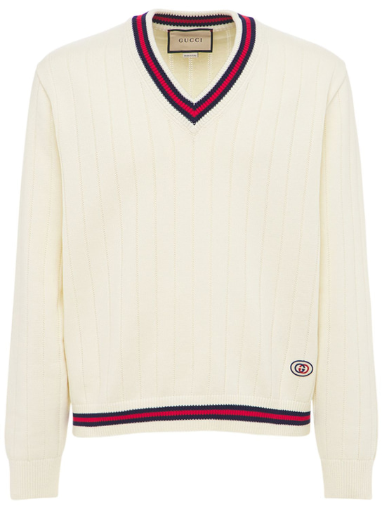 Gucci: Suéter de punto de algodón con tribanda - Marfil - men_0 | Luisa Via Roma